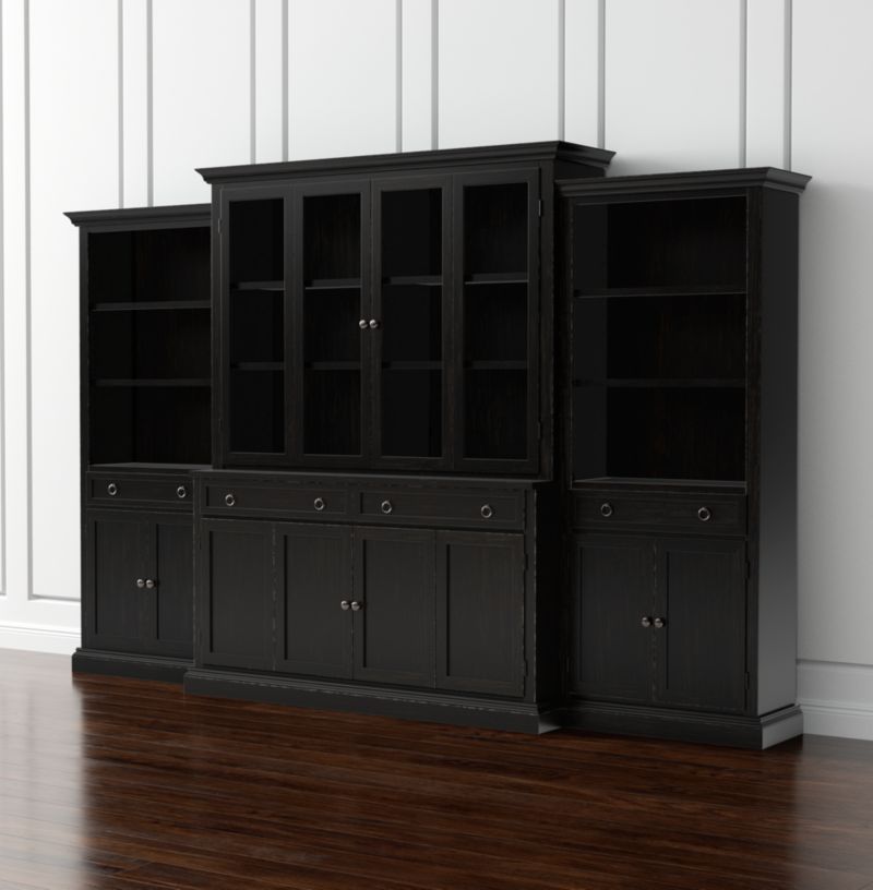 Cameo 4-Piece Modular Bruno Black Glass Door Wall Unit: Media Console, Hutch with Glass Doors, Modular Left and Right Storage Bookcases.
