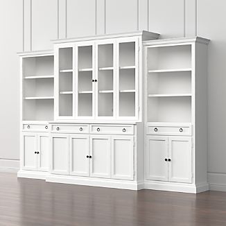Cameo 4-Piece Modular White Glass Door Wall Unit: Media Console, Hutch with Glass Doors, Modular Left and Right Storage Bookcases.