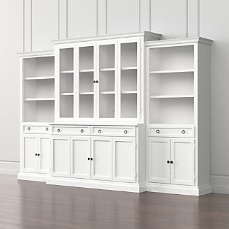 Cameo 4-Piece Modular White Glass Door Wall Unit: Media Console, Hutch with Glass Doors, Modular Left and Right Storage Bookcases.