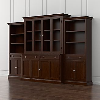 Cameo 4-Piece Modular Aretina Walnut Glass Door Wall Unit: Media Console, Hutch with Glass Doors, Modular Left and Right Storage Bookcases.