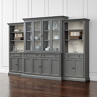 Cameo 4-Piece Modular Grey Glass Door Wall Unit: Media Console, Hutch with Glass Doors, Modular Left and Right Storage Bookcases.