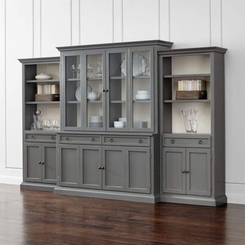 Cameo 4-Piece Modular Grey Glass Door Wall Unit: Media Console, Hutch with Glass Doors, Modular Left and Right Storage Bookcases.