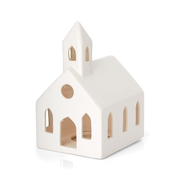 White Ceramic Church - Come explore White Swedish Farmhouse Christmas & Scandinavian Holiday Decor Simplicity. #swedishchristmas #scandinavian #holidaydecor