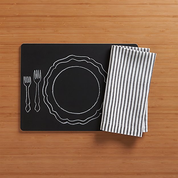 Chalkboard Placemat and Liam Grey Stripe Linen Napkin Crate and Barrel