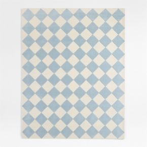 Checkerboard Blue Wool Kids Area Rug 5'x8'