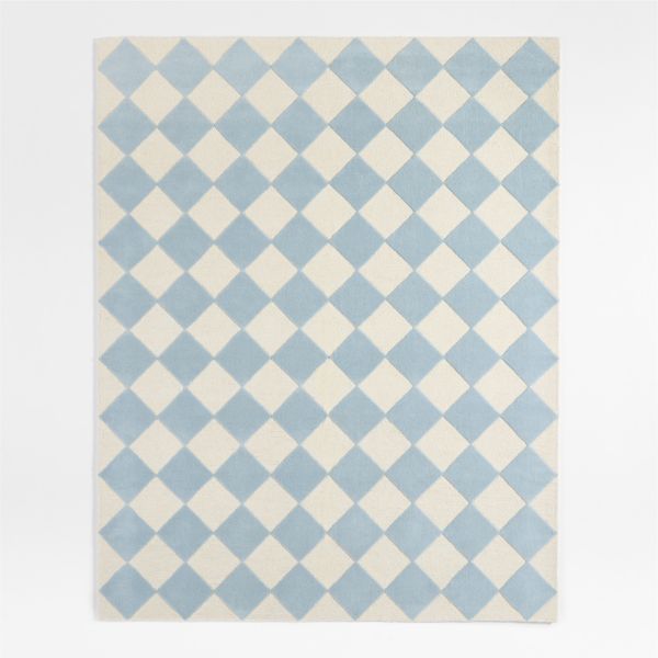 Checkerboard Blue Wool Kids Area Rug 5'x8'
