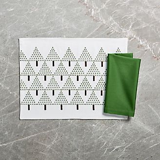 Cross Stitch Trees Placemat and Fete Dark Green Cloth Dinner Napkin
