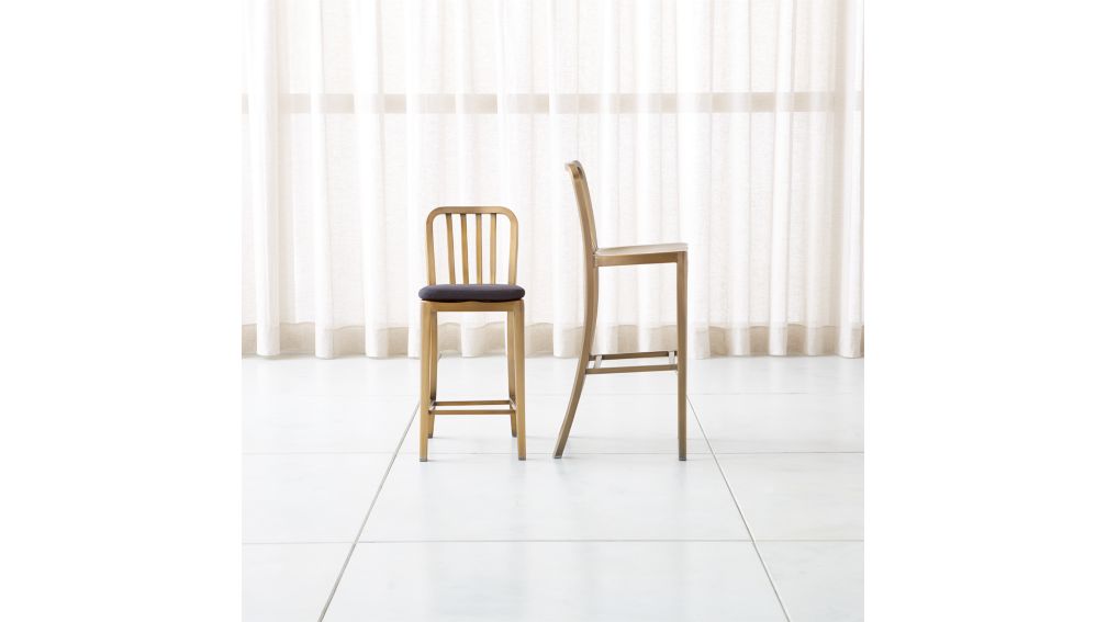 Delta Brass Bar Stools and Cushion Crate and Barrel