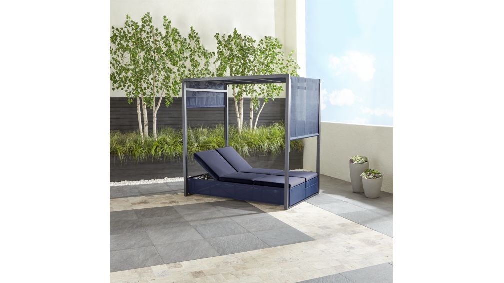 Dune Navy Outdoor Double Chaise Lounge with Canopy + Reviews  Crate