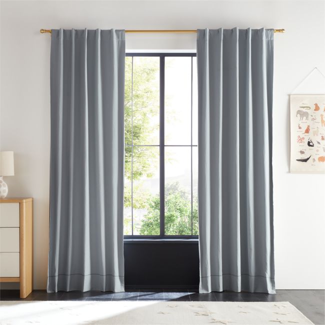 Mist Blue Embroidered Stitch Organic Cotton Blackout Curtain Panel 44"x96"