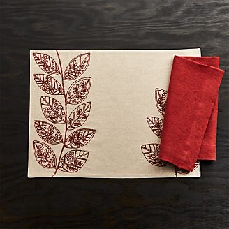 Etta Embroidered Placemat and Helena Chili Red Linen Dinner Napkin
