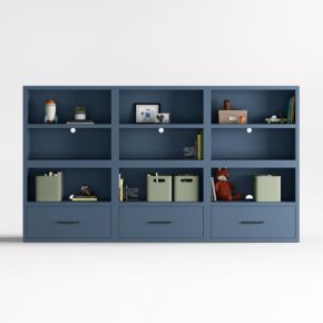 Image of Ever Simple 108" Set of 3 Modular Slate Blue Wood Kids Open Bookcases with Drawers