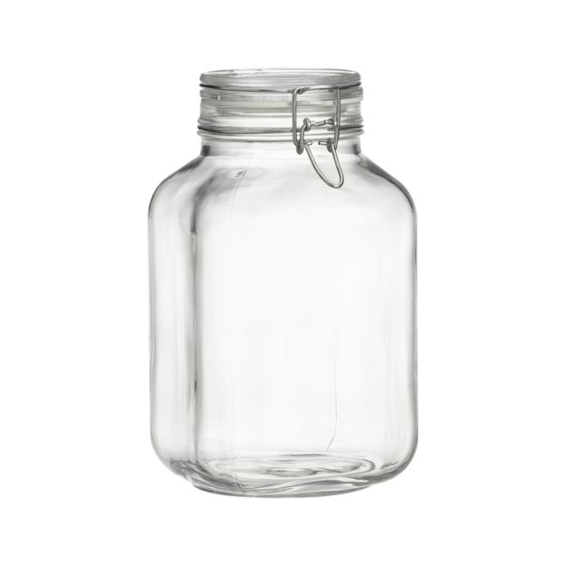 Italian glass storage jar with clamped lid from Crate & Barrel.