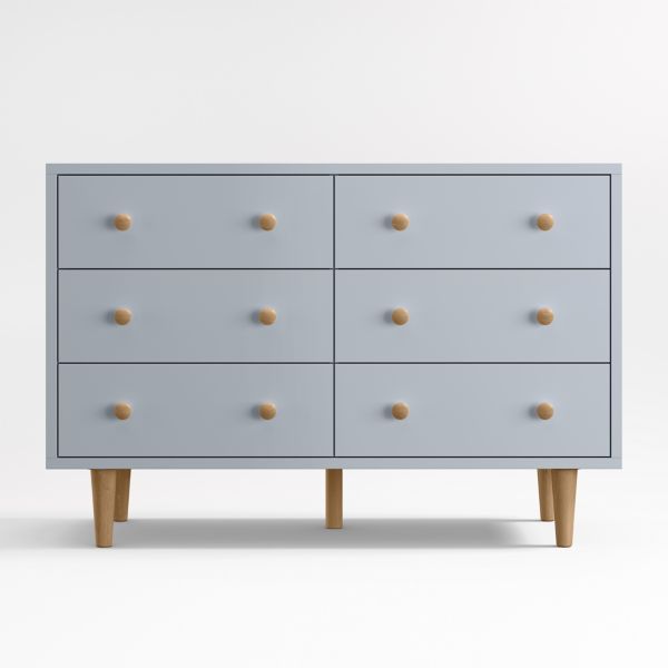 Finn Mist Blue Wood Wide 6-Drawer Kids Dresser