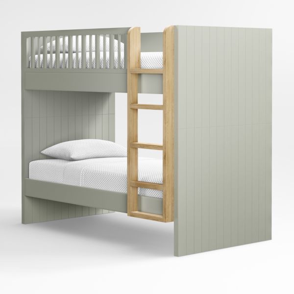Finn Sage Green Wood Kids Convertible Bunk Bed with Oak Wood Ladder