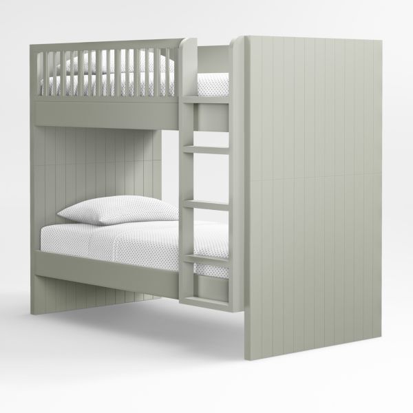 Finn Sage Green Wood Kids Convertible Bunk Bed with Sage Green Wood Ladder