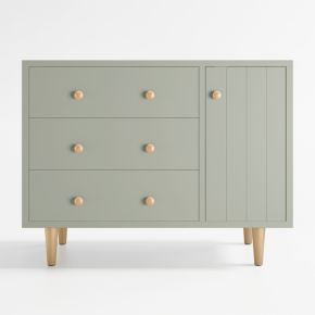 Image of Finn 44" Narrow Sage Green Wood 3-Drawer Kids Dresser with Door
