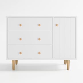 Image of Finn 44" Narrow White Wood 3-Drawer Kids Dresser with Door