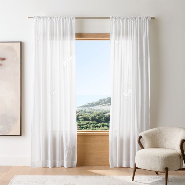 Floral Eyelet Crisp White Organic Cotton Sheer Window Curtain Panel 52