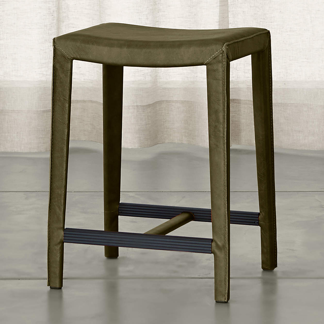Folio Olive Green TopGrain Leather Backless Counter Stool Crate and