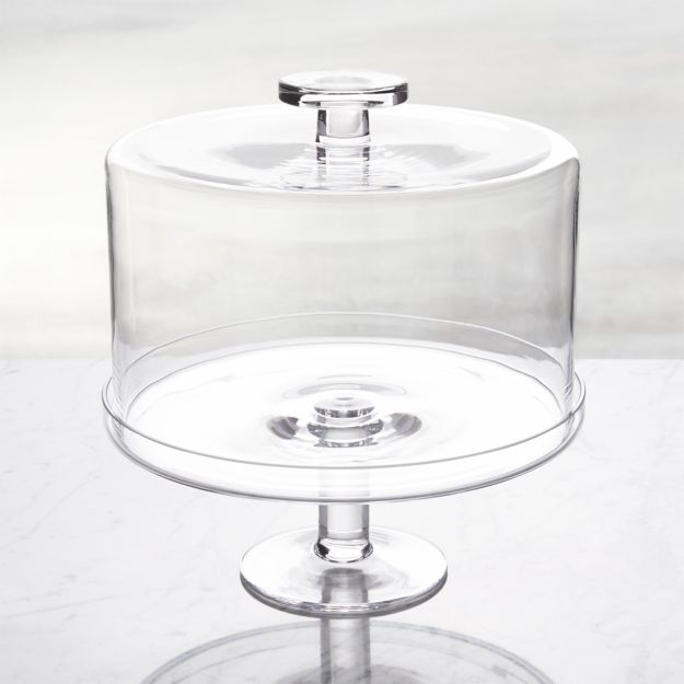 Crate & Barrel clear glass cake pedestal with dome