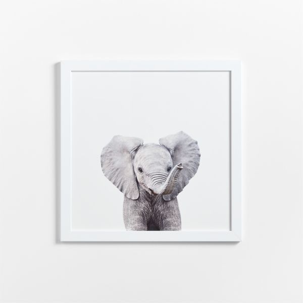 Baby Elephant White Wood Framed Wall Art Print