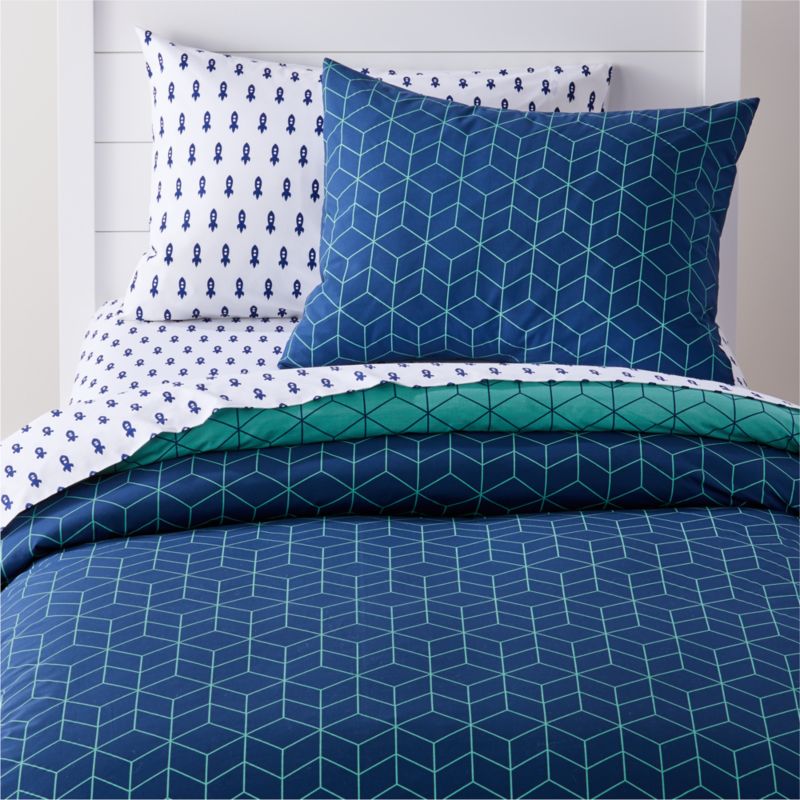 Organic Geo Tile Full Queen Dark Blue Duvet Cover Crate And Barrel