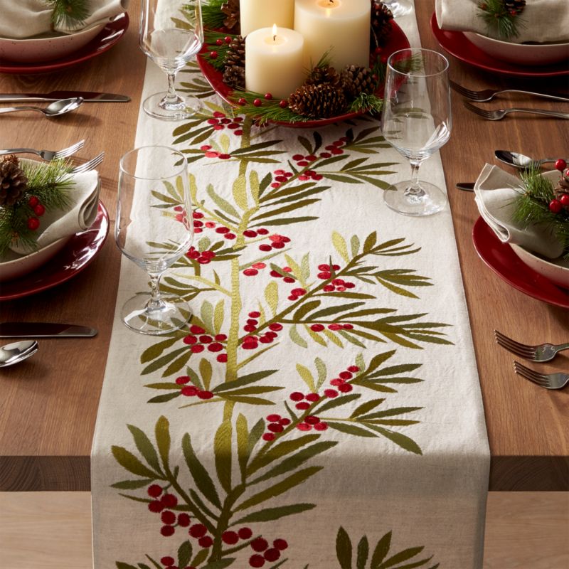 Holly Embroidered Table Runner 120" Crate and Barrel