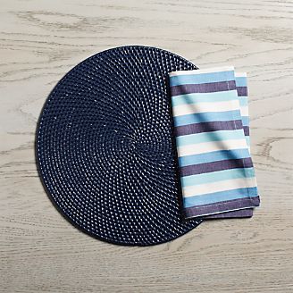 Artesia Indigo Blue Rattan Round Placemat and Seaside Blue Striped Dinner Napkin