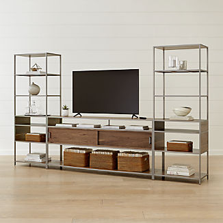 Tv Stands Media Consoles Cabinets Crate And Barrel Knox Nickel 76 Media Console With 2 Tall Open Bookcases