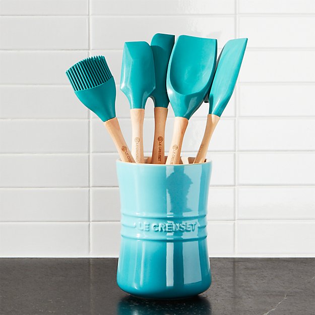 Le Creuset Crock Utensils Set - Carribean Blue | Crate and Barrel - Le Creuset Ã‚Â® Caribbean 6-Piece Utensil Crock Set