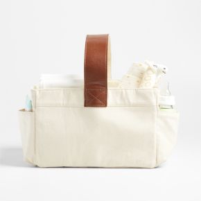 Image of Canvas Diaper Caddy Organizer with Brown Leather Handle