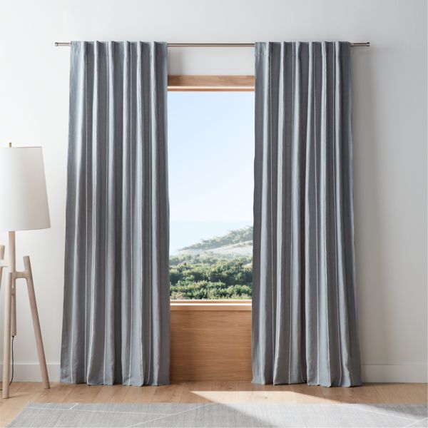 Mist Blue & Crisp White Linen Double Pinstripe Blackout Window Curtain Panel 52