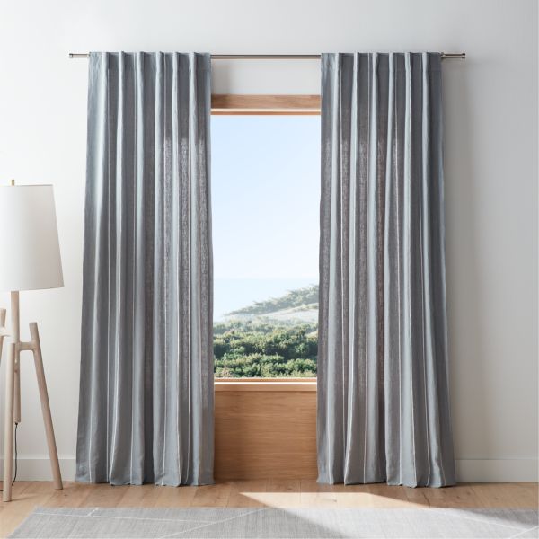 Mist Blue & Crisp White Linen Double Pinstripe Window Curtain Panel 52