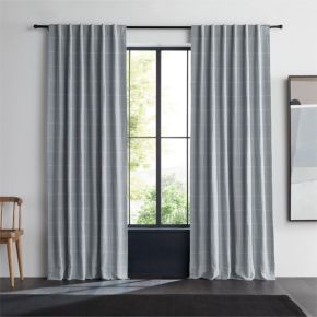 Mist Blue & Crisp White Linen Double Pinstripe Grid Blackout Window Curtain Panel 52