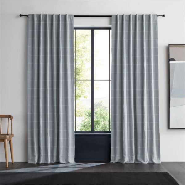 Mist Blue & Crisp White Linen Double Pinstripe Grid Blackout Window Curtain Panel 52