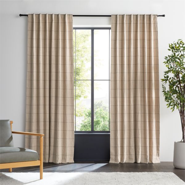 Warm Beige & Storm Grey Linen Double Pinstripe Grid Blackout Window Curtain Panel 52