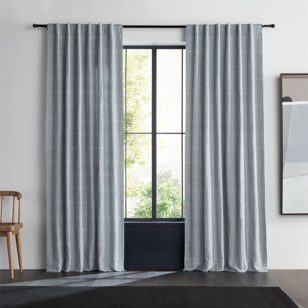 Mist Blue & Crisp White Linen Double Pinstripe Grid Window Curtain Panel 52