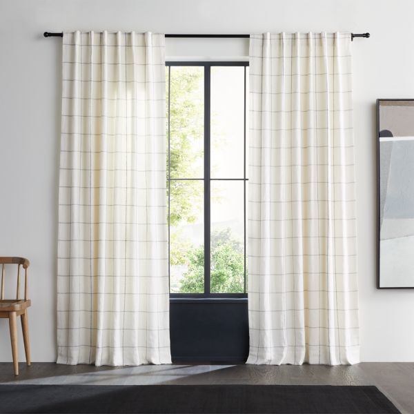 Pampas Ivory & Storm Grey Linen Double Pinstripe Grid Window Curtain Panel 52