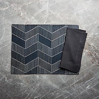 Lyric Embroidered Placemat and Helena Graphite Linen Dinner Napkin