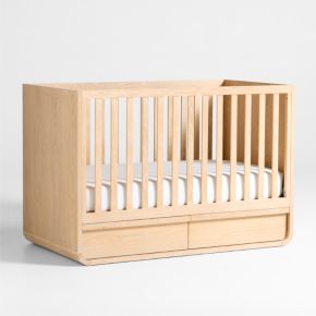 Image of Mira Natural Oak Wood Convertible Baby Crib with Storage and Toddler Bed Rail