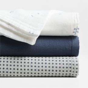 Image of Mixed Print Coy Blue Organic Cotton Gauze Baby Swaddle Blankets, Set of 3