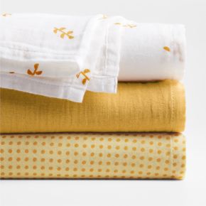 Image of Mixed Print Savannah Yellow Organic Cotton Gauze Baby Swaddle Blankets, Set of 3