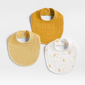 Image of Mixed Print Savannah Yellow Organic Cotton Gauze Baby Bib, Set of 3