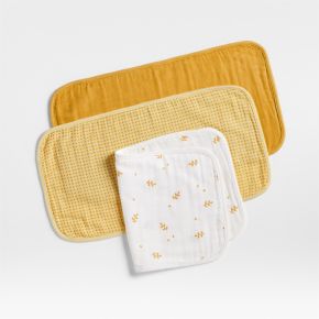 Image of Mixed Print Savannah Yellow Organic Cotton Gauze Baby Burp Cloth, Set of 3