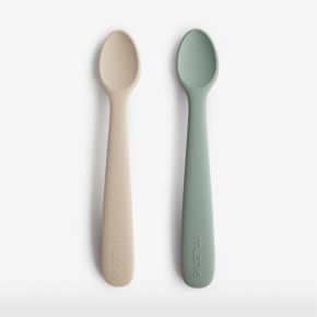 Image of Mushie 2-Pack Silicone Baby Spoons - Green & Beige