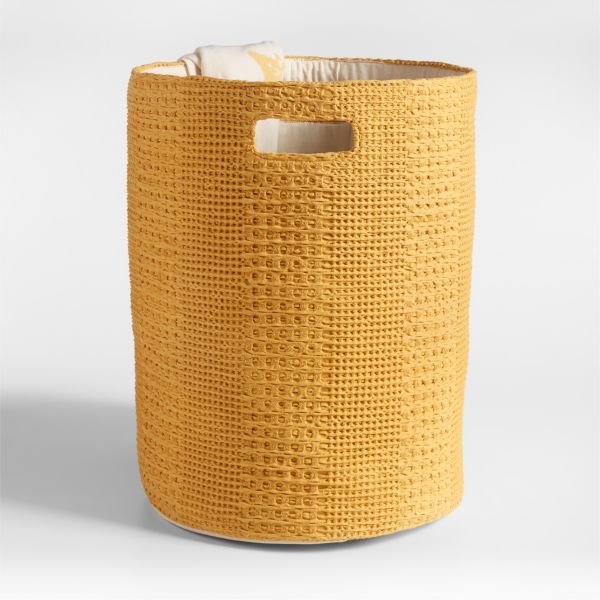 Nella Ochre Yellow Cotton Waffle Weave Kids Hamper with Handles