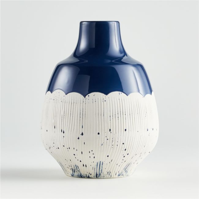 Online Designer Living Room Nightfall Scalloped White and Blue Vase