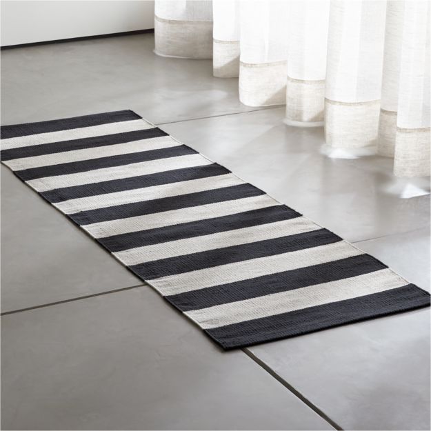 Olin Black Striped Cotton Dhurrie 2'x6' Rug Runner in Runner Rugs