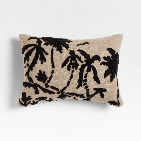 Praia Reversible Embroidered Palm Tree Striped 22x15 Ink Black Throw Pillow Cover
